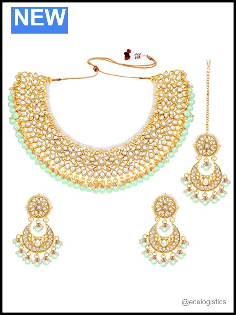 Faux Kundan Necklace Earrings Maang Tikka Set Wedding Party Jewelry